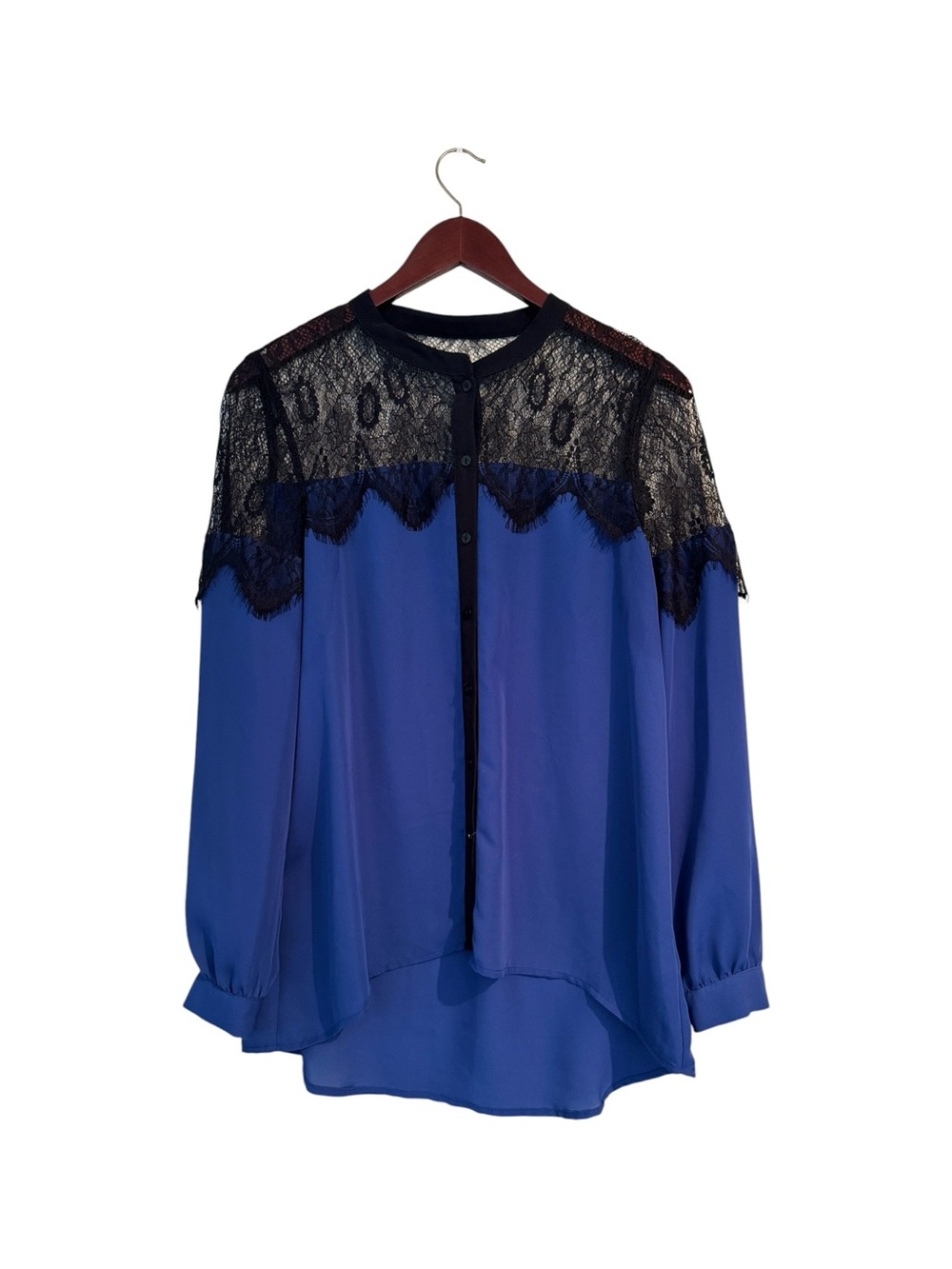 Lauren Conrad LC Blue Chiffon Blouse Black Lace Yoke Sheer Long Sleeve Top S